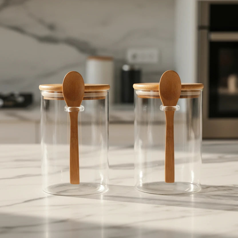 1/2/3/4pcs Airtight Glass Jars with Bamboo Lids and Spoons 18oz Transparent Glass
