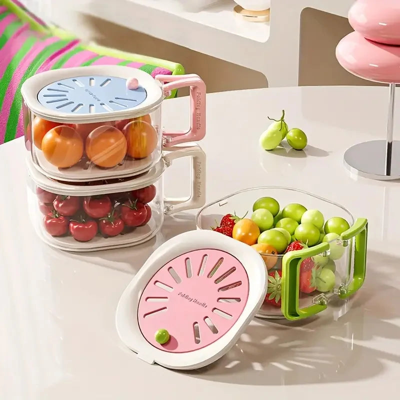 2-in-1 Double Layer Fruit Drainer Container with Foldable Handle