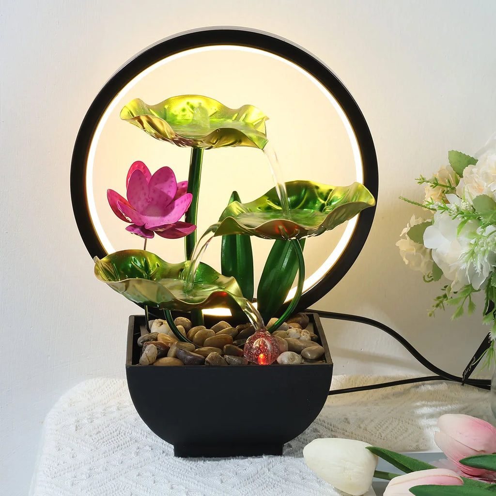 Tabletop Fountain 3-Tiers Lotus Leaf Small Waterfall with Rocks and LED Ring Lights