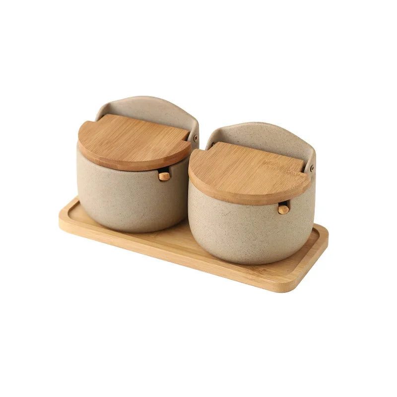 Japanese Style Ceramic Seasoning Jar Bamboo lid Spice jar With Spoon