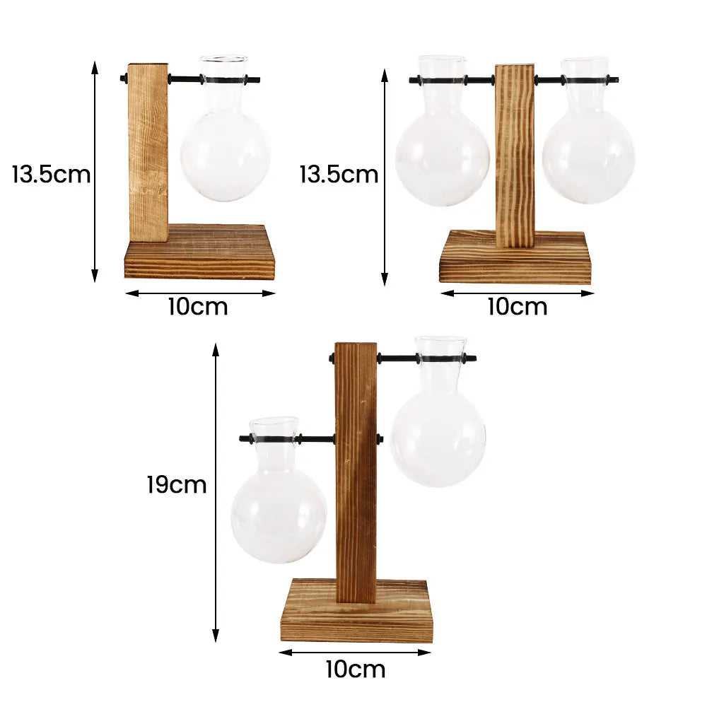 Creative Glass Planter Bulb Vase Wooden Stand Hydroponic Plant Container