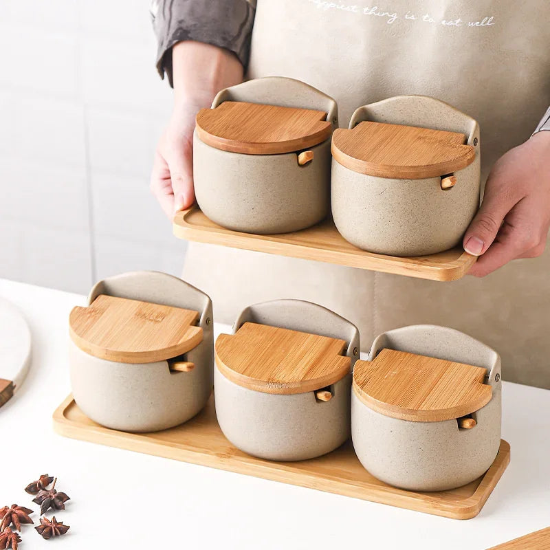 Japanese Style Ceramic Seasoning Jar Bamboo lid Spice jar With Spoon