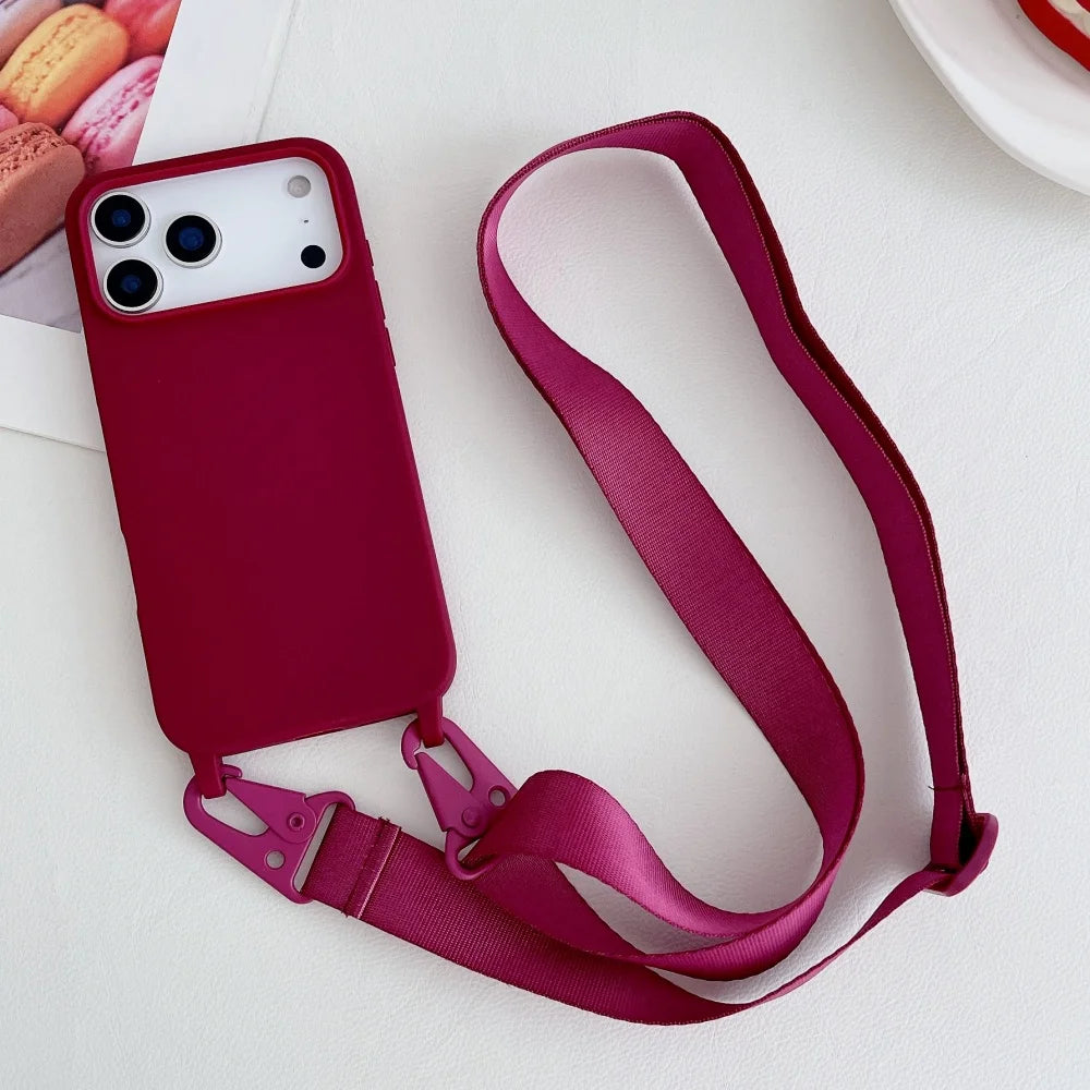 Crossbody Necklace Strap Matte Silicone Case For iPhone Shockproof Cover